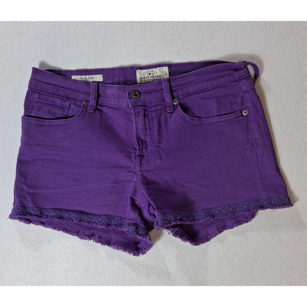 Lucky Brand Malibu Short Womens Size 6/28 Purple Frayed Lace Trim Denim Shorts